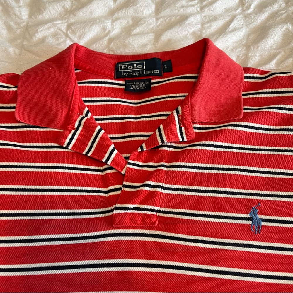 Polo Ralph Lauren Coral/Blue Stripe Collar Polo Mens Large Short Sleeve Shirt